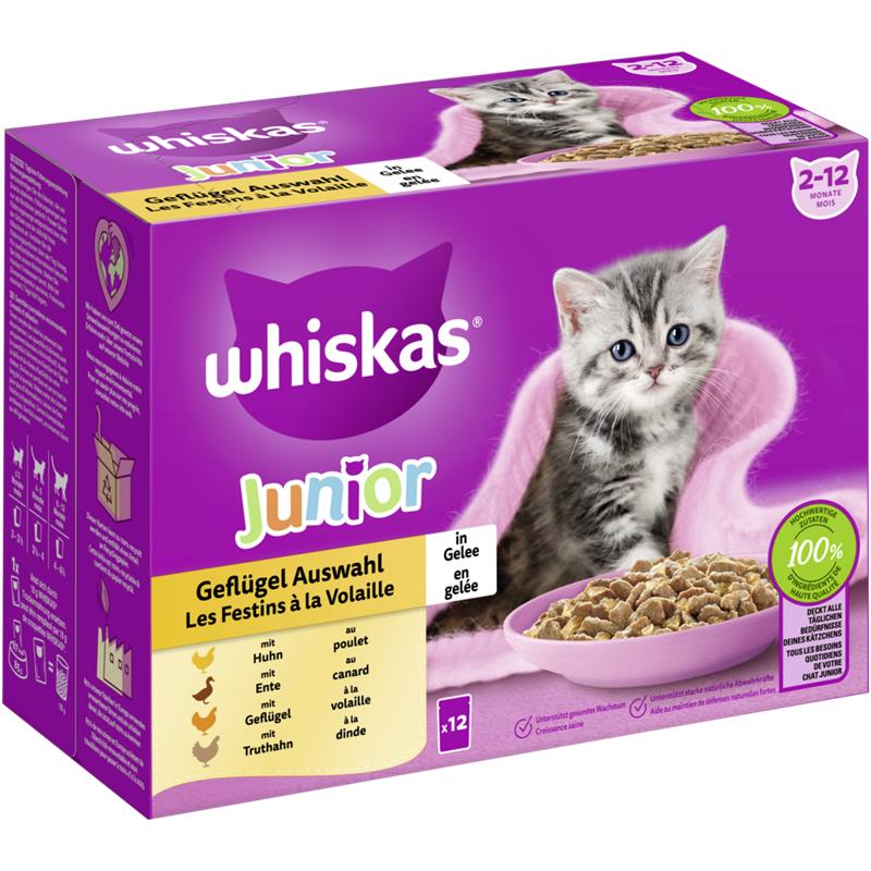 Whiskas Portionsbeutel Multipack Junior Geflügel Auswahl in Gelee 12 x 85g