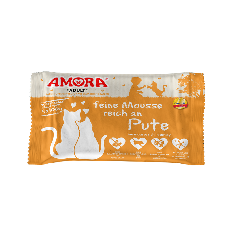 AMORA Cat PB Flowpack feine Mousse reich an Pute 4x100g