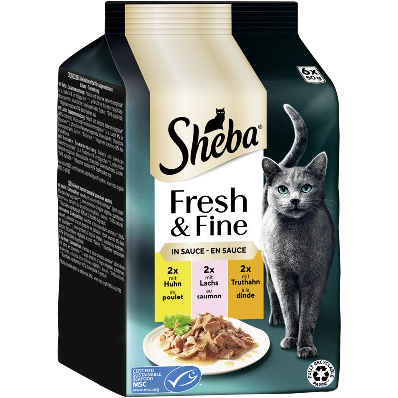 Sheba P.B. MP Fresh & Fine Huhn, Lachs & Truthahn in Sauce MSC 6x50g