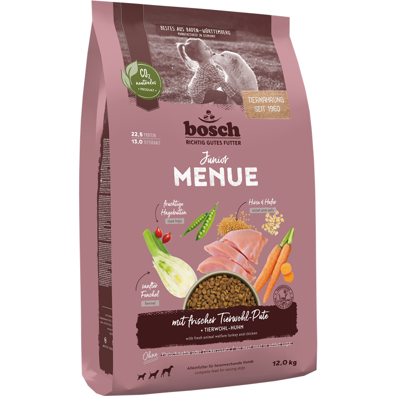 Kombipaket bosch HPC MENUE Junior Tierwohl-Pute + bosch Fruitees frisches Geflügel