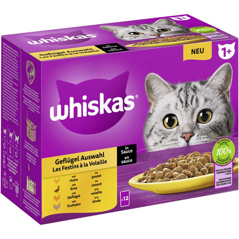 Whiskas Portionsbeutel Multipack 1+ Geflügel Auswahl in Sauce 12 x 85g