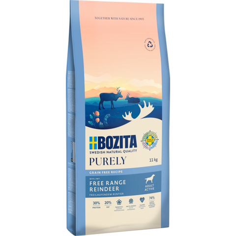 Bozita Dog Purely Adult Active mit Rentier 11 kg & 2 x GRATIS Bozita Snacks (Ente, Hirsch)