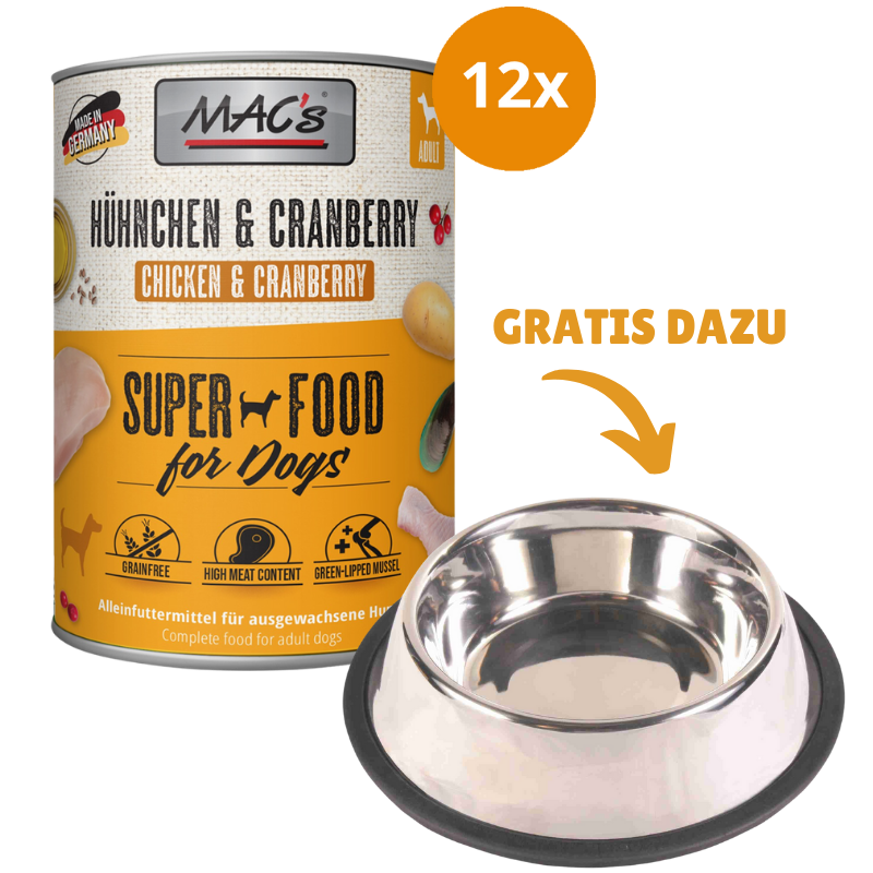 MAC's Dog Hühnchen & Cranberry 12 x 800 g + GRATIS TRIXIE Napf