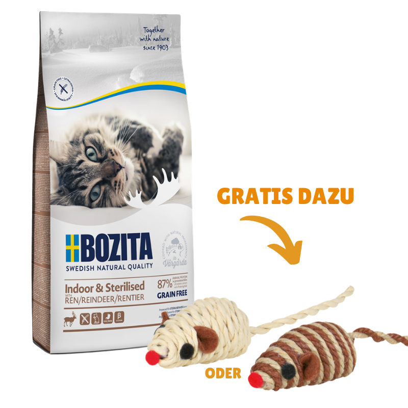 Bozita Indoor & Sterilised Getreidefrei Rentier 10 kg + GRATIS TRIXIE Spielmaus