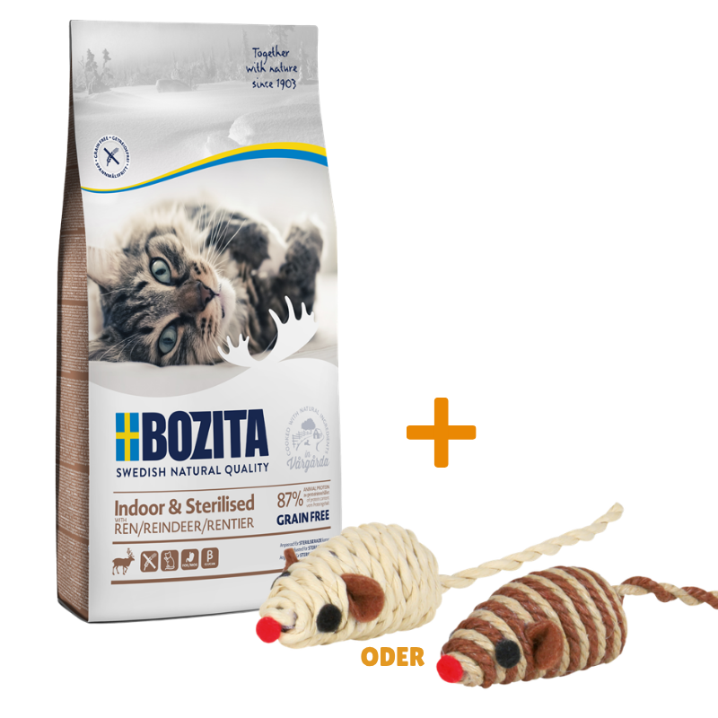 Bozita Indoor & Sterilised Getreidefrei Rentier 10 kg + GRATIS TRIXIE Spielmaus