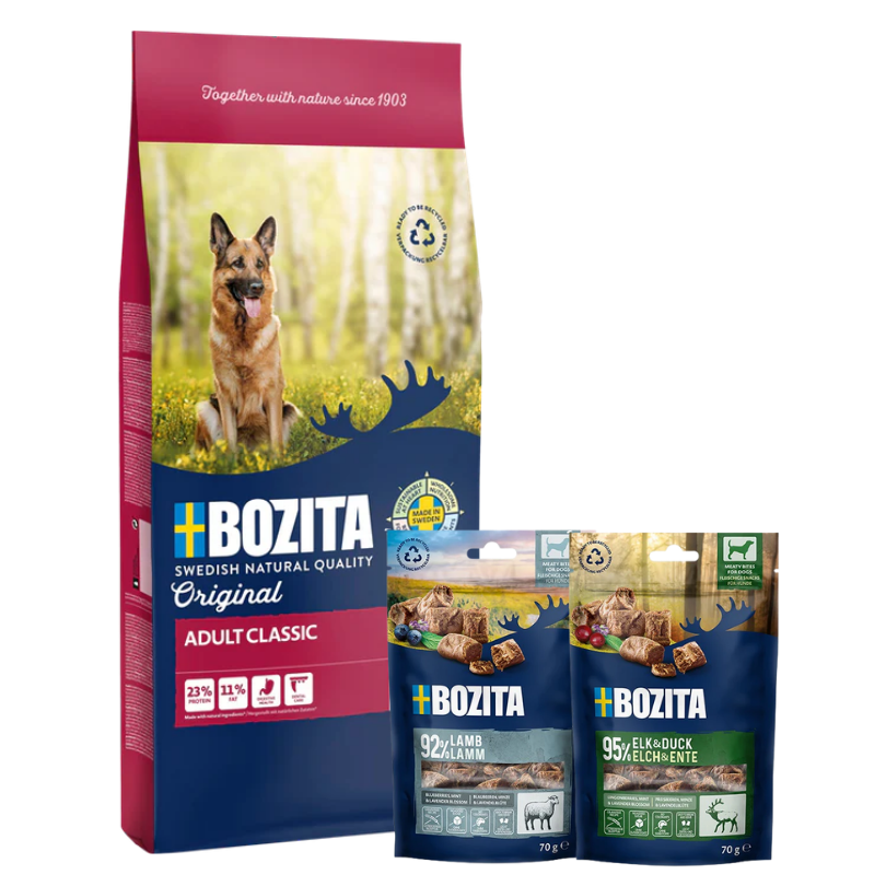 Bozita Original Adult Classic 12 kg & 2 x GRATIS Bozita Snacks (Elch, Lamm)