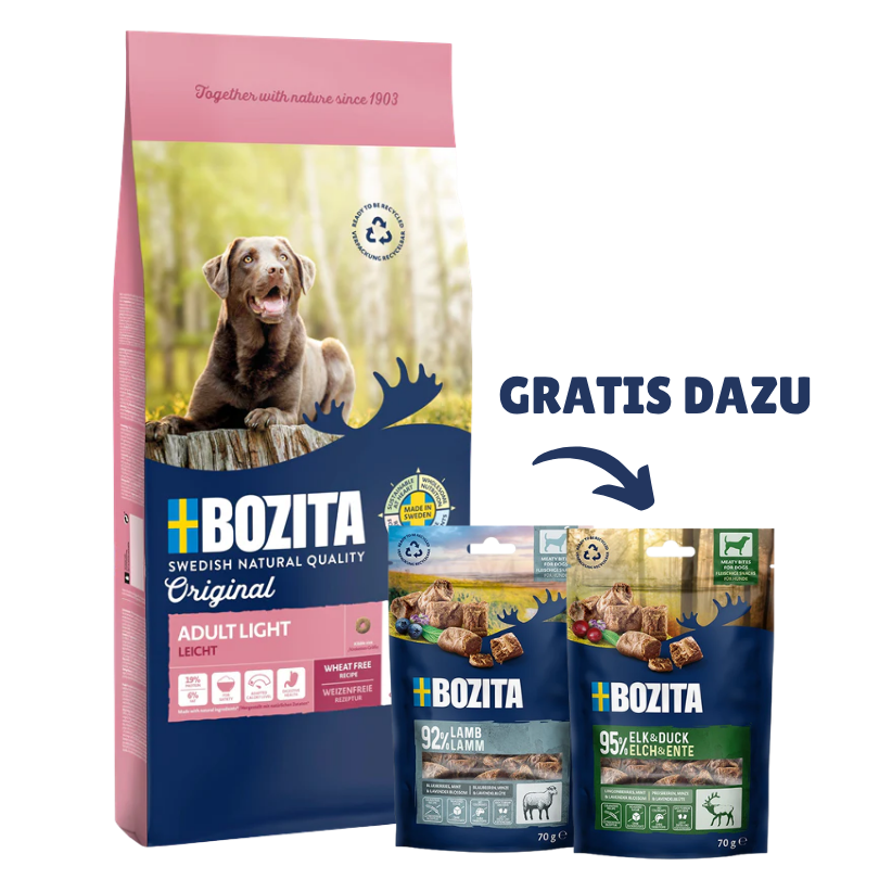 Bozita Original Adult Light 12 kg & 2 x GRATIS Bozita Snacks (Elch, Lamm)