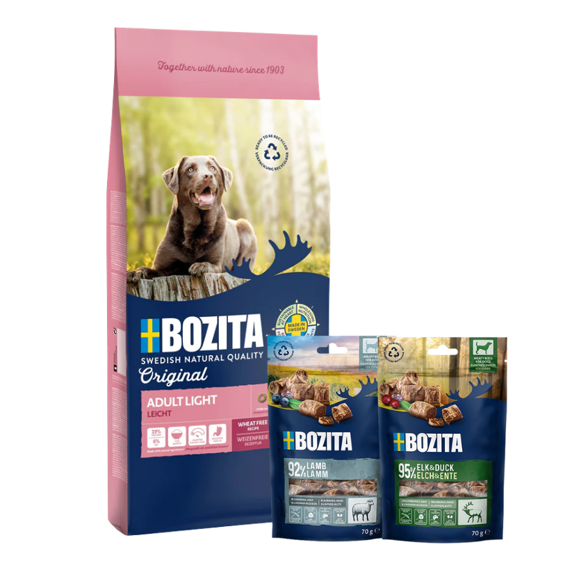 Bozita Original Adult Light 12 kg & 2 x GRATIS Bozita Snacks (Elch, Lamm)