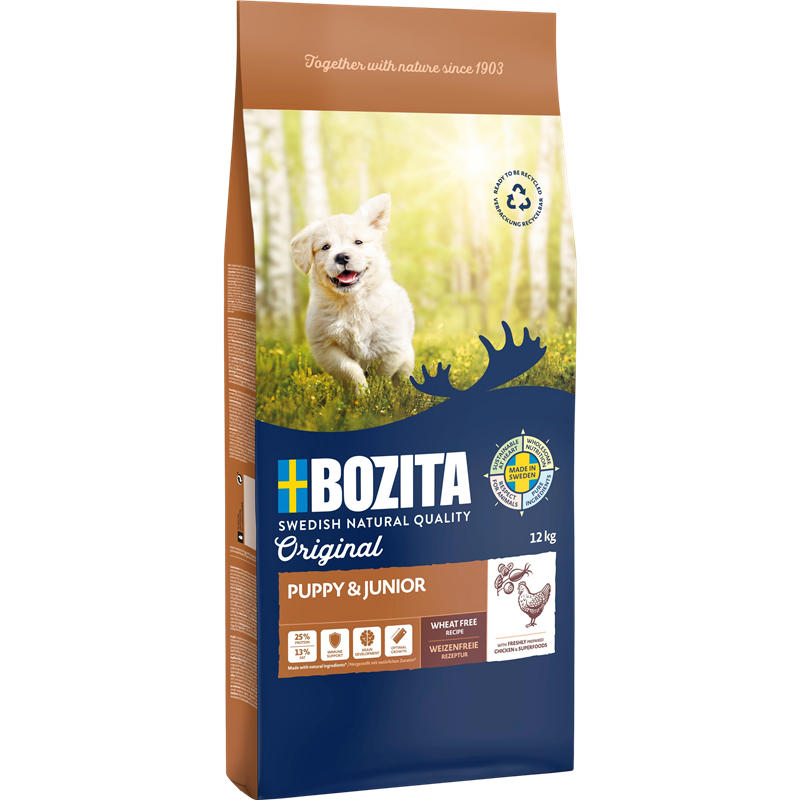 Bozita Original Puppy & Junior 12 kg & 2 x GRATIS Bozita Snacks (Elch, Lamm)