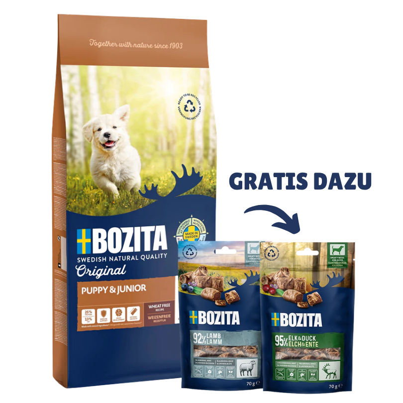 Bozita Original Puppy & Junior 12 kg & 2 x GRATIS Bozita Snacks (Elch, Lamm)