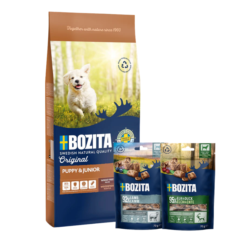 Bozita Original Puppy & Junior 12 kg & 2 x GRATIS Bozita Snacks (Elch, Lamm)