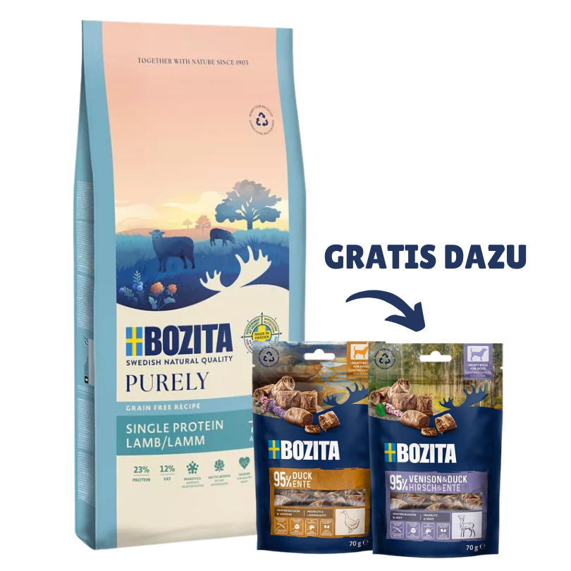 Bozita Dog Purely Adult Lamm 11 kg & 2 x GRATIS Bozita Snacks (Ente, Hirsch)