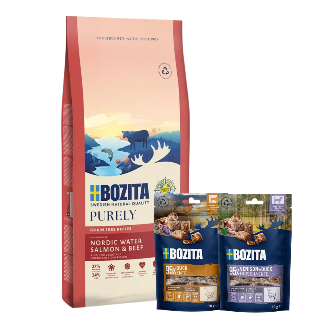 Bozita Dog Purely Adult Large mit Lachs & Rind 11 kg & 2 x GRATIS Bozita Snacks (Ente, Hirsch)
