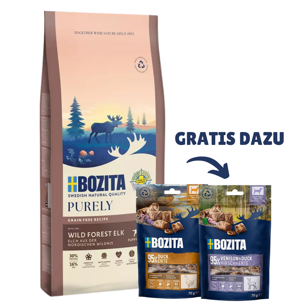 Bozita Dog Purely Puppy & Junior Small Elch 11 kg & 2 x GRATIS Bozita Snacks (Ente, Hirsch)