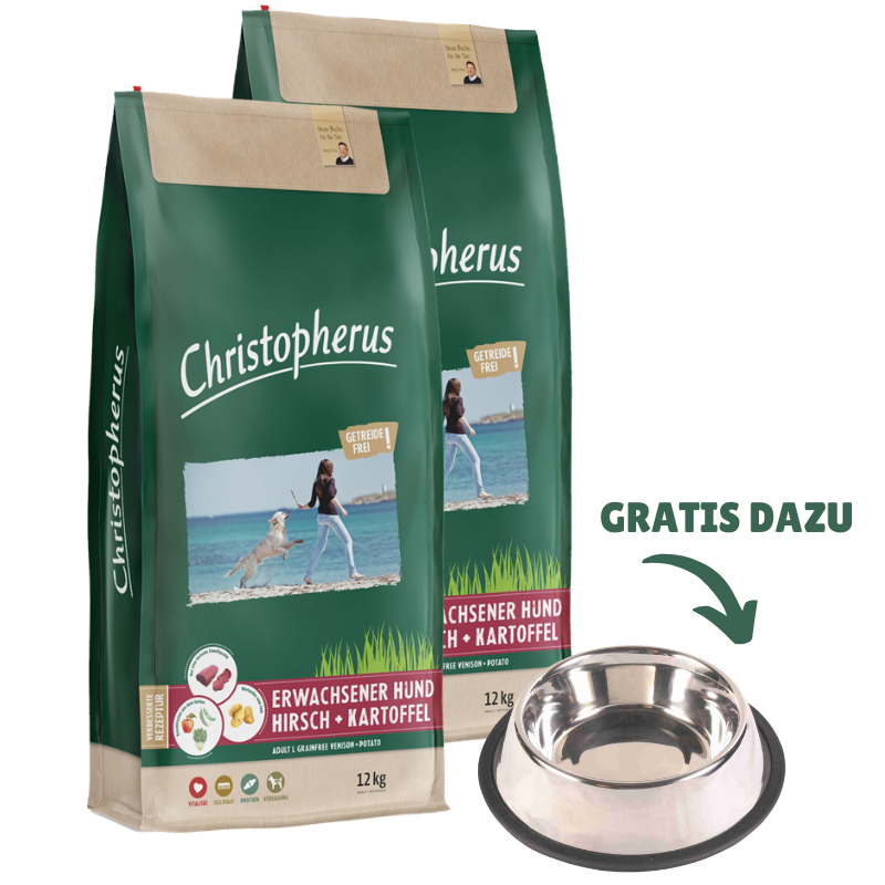 Christopherus Getreidefrei Hirsch & Kartoffel 2 x 12 kg + GRATIS TRIXIE Napf