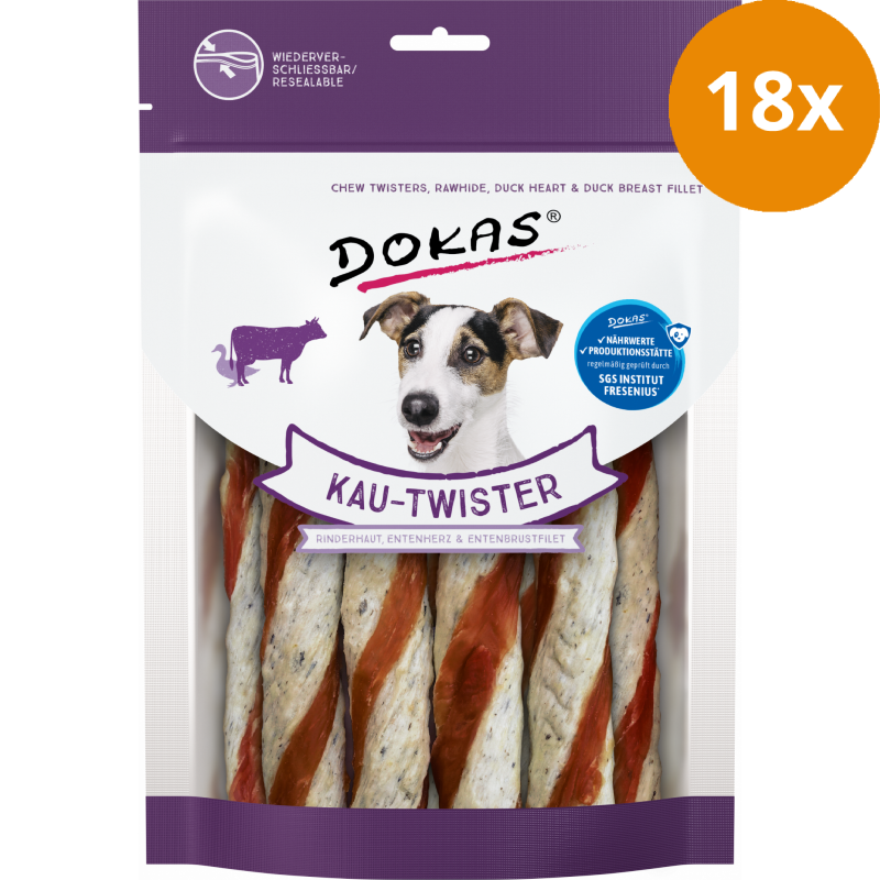 DOKAS Kau-Twister Rinderhaut, Entenherz & Entenbrust 200 g | Hundesnack