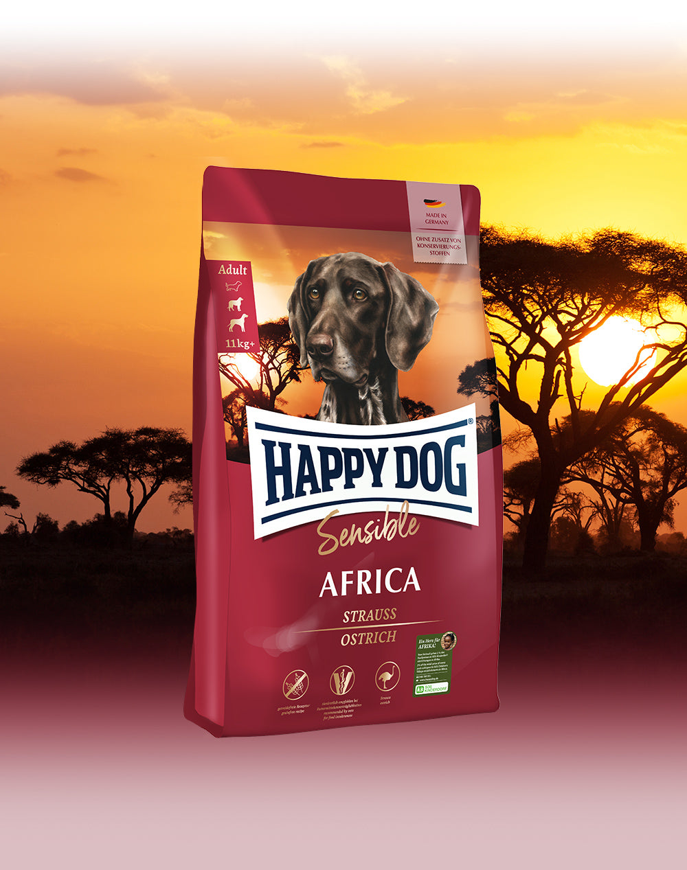 Das Hundefutter Happy Dog Sensible Africa bei Sonnenuntergang in einer weiten, afrikanisch anmutenden Landschaft.