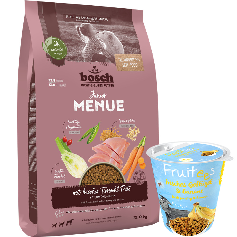 Kombipaket bosch HPC MENUE Junior Tierwohl-Pute + bosch Fruitees frisches Geflügel