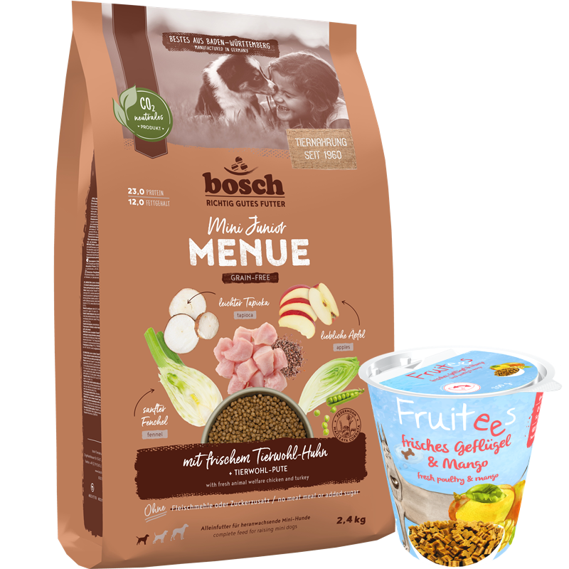Kombipaket bosch HPC MENUE Mini Junior Tierwohl-Huhn + bosch Fruitees frisches Geflügel