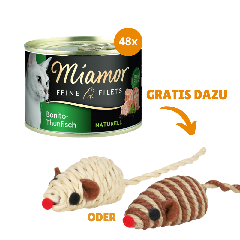 Miamor Feine Filets Naturelle Bonito-Thunfisch 48 x 156 g + GRATIS TRIXIE Spielmaus