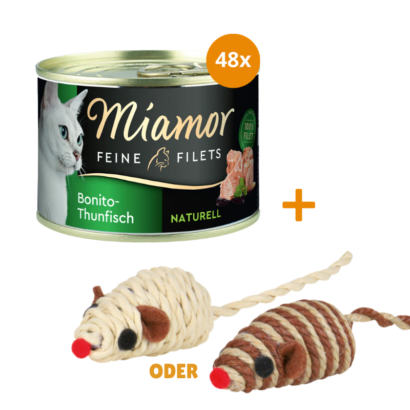 Miamor Feine Filets Naturelle Bonito-Thunfisch 48 x 156 g + GRATIS TRIXIE Spielmaus