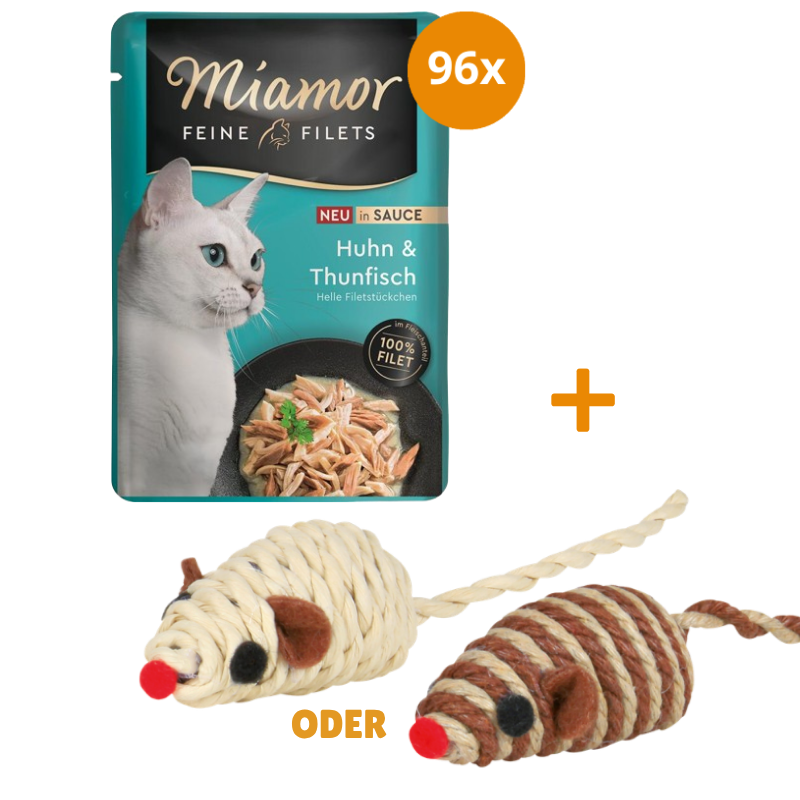 Miamor PB Feine Filets Huhn & Thunfisch in Sauce 96 x 100 g + GRATIS TRIXIE Spielmaus