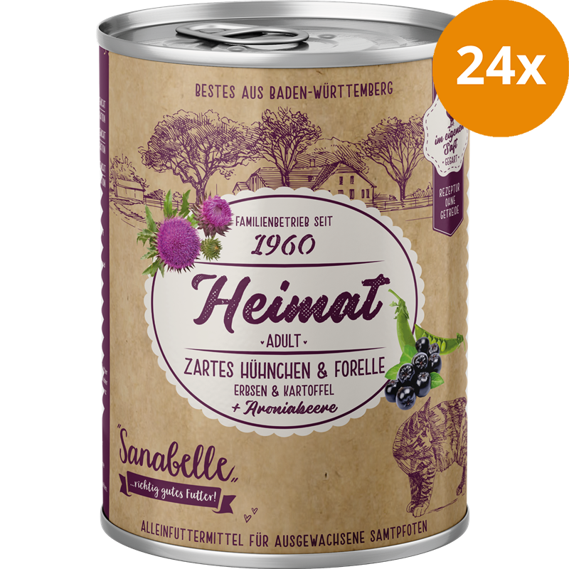 Sanabelle Heimat Dose zartes Hühnchen & Forelle mit Erbsen, Kartoffel und Aroniabeere 400 g
