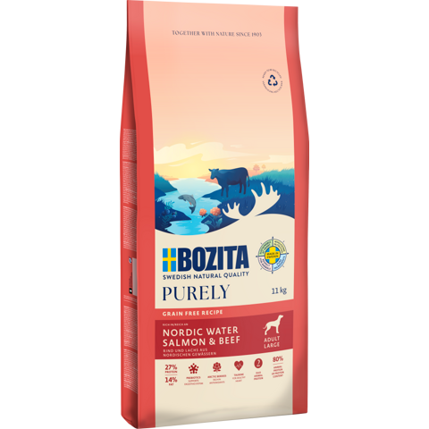 Bozita Dog Purely Adult Large mit Lachs & Rind 11 kg & 2 x GRATIS Bozita Snacks (Ente, Hirsch)