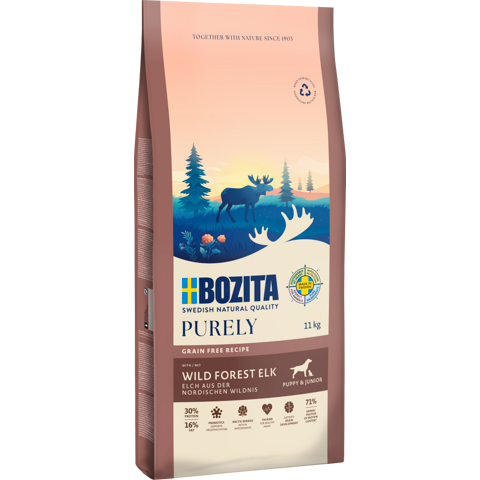 Bozita Dog Purely Puppy & Junior Small Elch 11 kg & 2 x GRATIS Bozita Snacks (Ente, Hirsch)