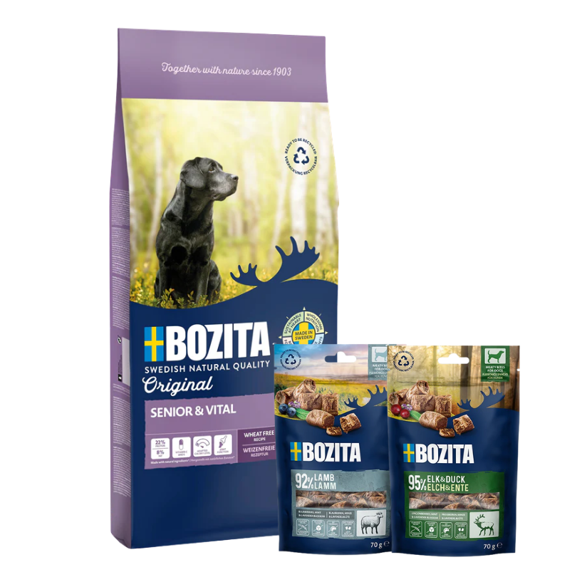 Bozita Original Adult Senior 12 kg & 2 x GRATIS Bozita Snacks (Elch, Lamm)