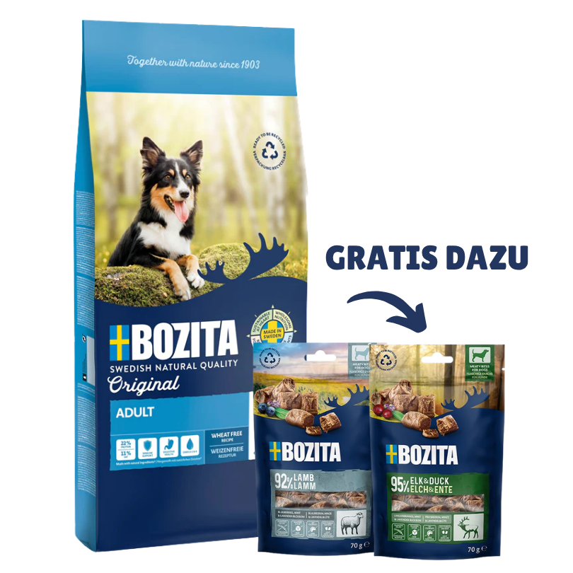 Bozita Original 12 kg & 2 x GRATIS Bozita Snacks (Elch, Lamm)