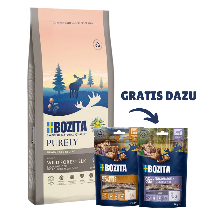 Bozita Dog Purely Puppy & Junior Large mit Elch 11 kg & 2 x GRATIS Bozita Snacks (Ente, Hirsch)