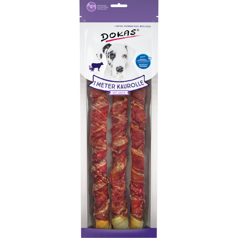 DOKAS 1 Meter Kaurolle mit Ente (Rinderhaut) 315 g | Hundesnack