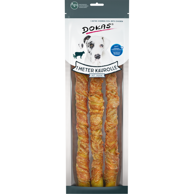 DOKAS 1 Meter Kaurolle mit Huhn (Rinderhaut) 315 g | Hundesnack