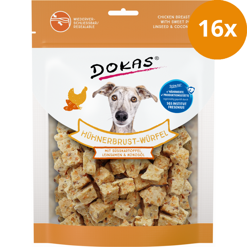 DOKAS Hühnerbrust-Würfel Süßkartoffel, Leinsamen & Kokosöl 150 g | Hundesnack