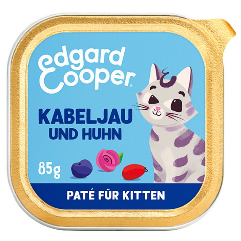 Edgard & Cooper Paté Kitten MSC-Kabeljau und Freilaufhuhn mit Blaubeeren, Rosenblüten und Hagebutten