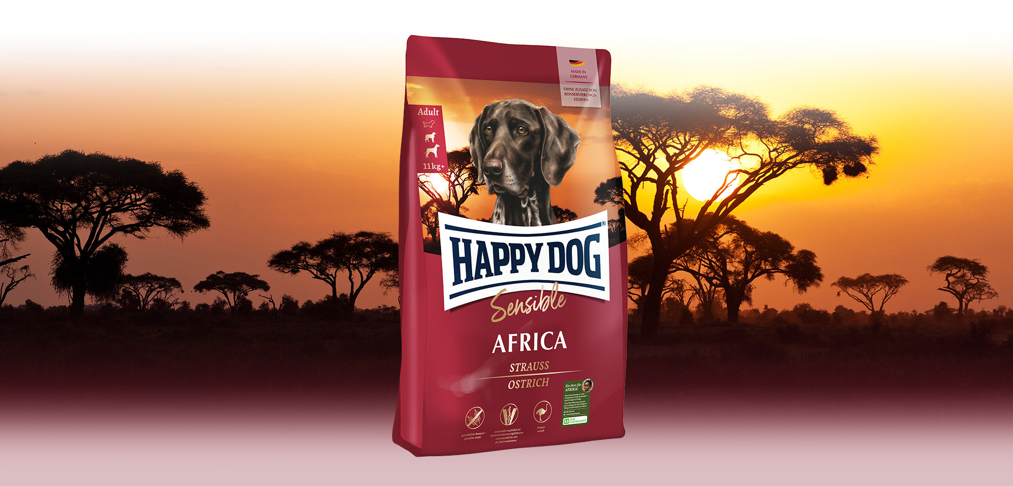 Das Hundefutter Happy Dog Sensible Africa bei Sonnenuntergang in einer weiten, afrikanisch anmutenden Landschaft.