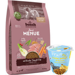 Kombipaket bosch HPC MENUE Junior Tierwohl-Pute + GRATIS bosch Fruitees frisches Geflügel & Banane