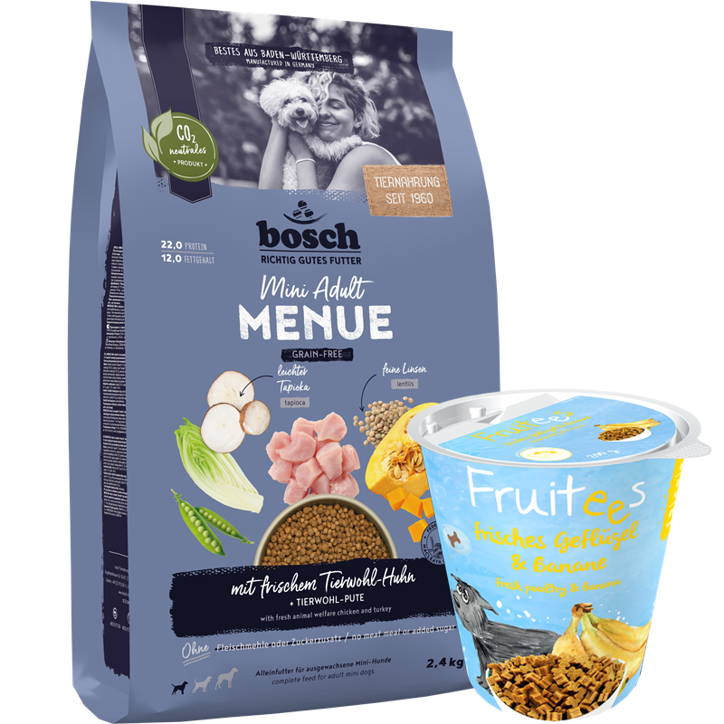 Kombipaket bosch HPC MENUE Mini Adult Tierwohl-Huhn + bosch Fruitees frisches Geflügel