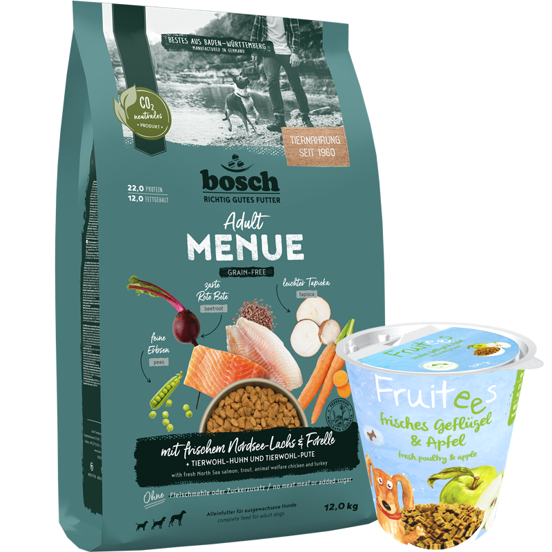 Kombipaket bosch HPC MENUE Adult Nordsee-Lachs + bosch Fruitees frisches Geflügel & Apfel