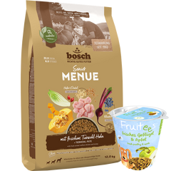 Kombipaket bosch HPC MENUE Senior Tierwohl-Huhn + GRATIS bosch Fruitees frisches Geflügel & Apfel