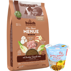 Kombipaket bosch HPC MENUE Mini Junior Tierwohl-Huhn + GRATIS bosch Fruitees frisches Geflügel & Mango