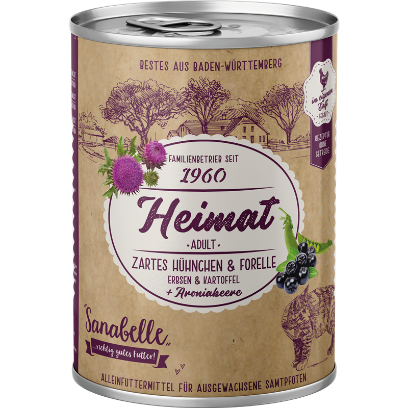 Sanabelle Heimat Dose zartes Hühnchen & Forelle mit Erbsen, Kartoffel und Aroniabeere 400 g